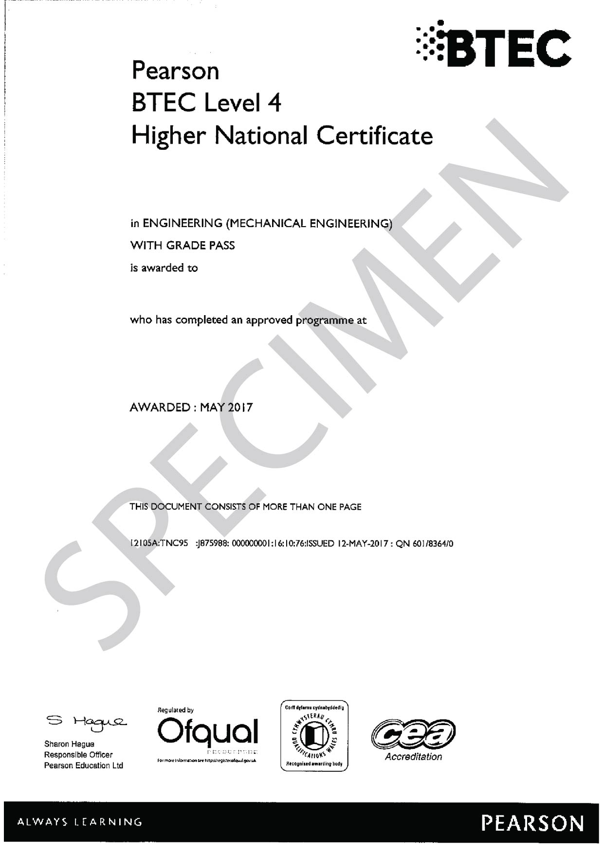 Pearson BTEC Level 4 Higher National Certificate in Engineering